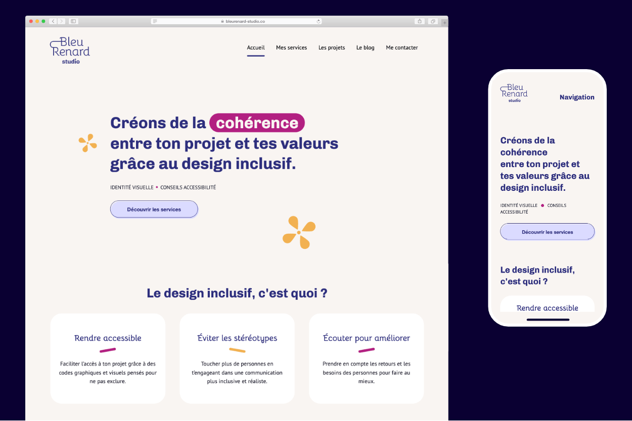 Webdesign responsive du site internet Bleu Renard studio en éco-conception web