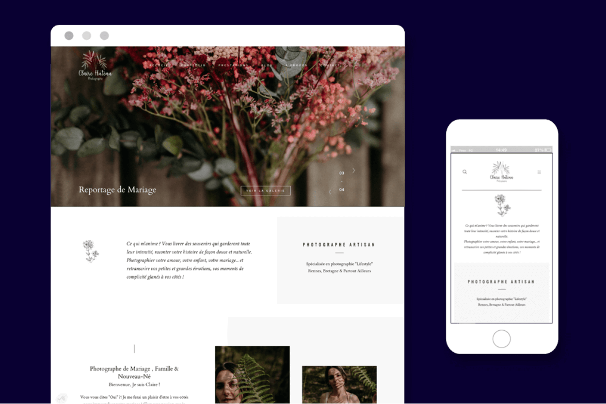 Maquettes webdesign desktop et mobile du site web Claire Huteau