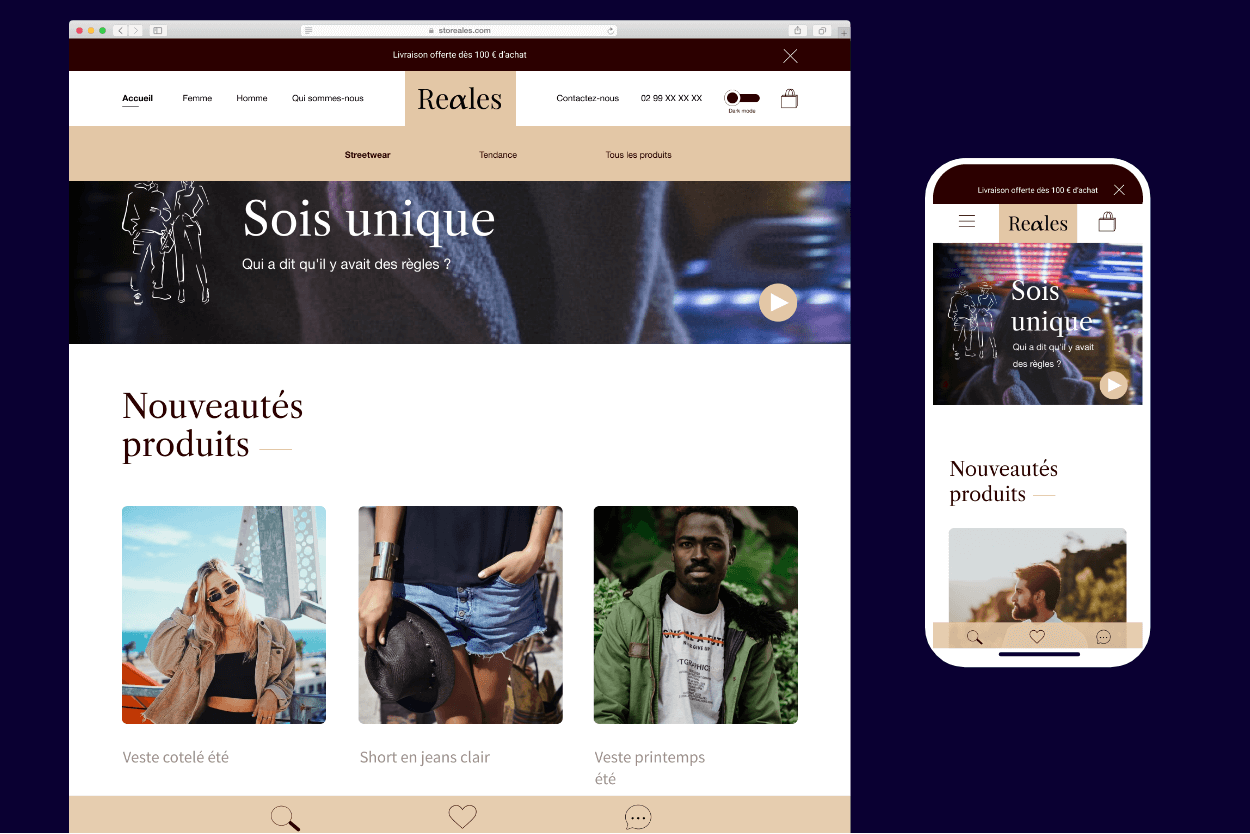Maquettes du site e-commerce Storeales en desktop et mobile
