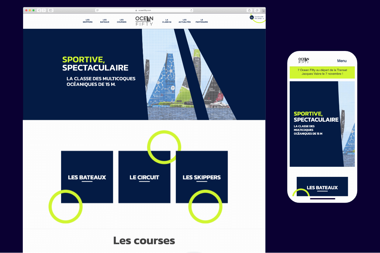Maquettes mobile et ordinateur du site web éco-conçu Ocean Fifty