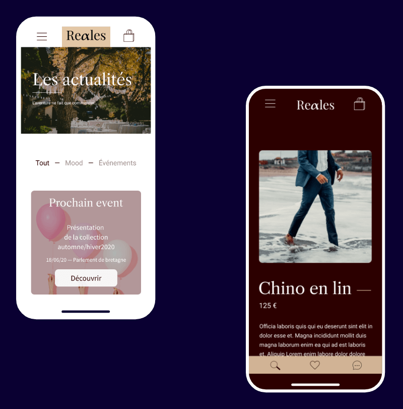 Maquettes smartphones du site e-commerce Storeales Rennes
